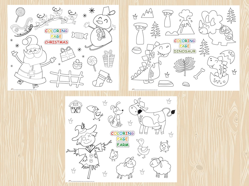 May include: Three black and white coloring pages. The first page features a snowman, Santa Claus, and other Christmas-themed images. The second page features dinosaurs. The third page features farm animals.