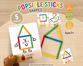 Popsicle Stick Shapes Activity Game, Montessori Printable Cards for Toddlers, Preschool Curriculum Worksheets, Fine Motor Skills Resources