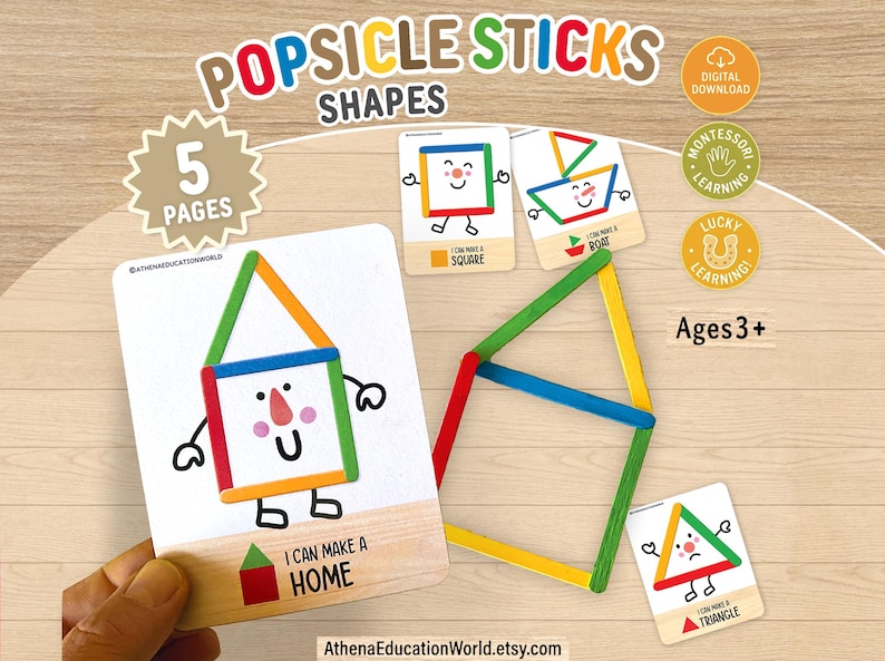 May include: Educational activity set featuring colorful popsicle sticks and printable cards with shapes like a house, square, boat, and triangle. The cards include text such as I CAN MAKE A HOME, I CAN MAKE A SQUARE, I CAN MAKE A BOAT, and I CAN MAKE A TRIANGLE.