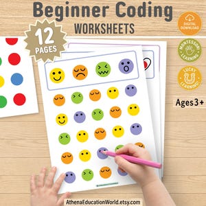 Hojas de trabajo de programación para principiantes, material imprimible de lógica STEM, programación para educación en el hogar, actividades para desarrollar la motricidad fina en niños pequeños, hoja de trabajo para jardín de infantes.