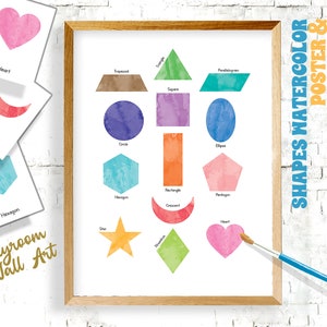Póster imprimible de formas de acuarela, impresión para sala de juegos de educación en el hogar, tarjeta didáctica de formas, decoración para aulas o guarderías, póster de aprendizaje, ilustración de formas