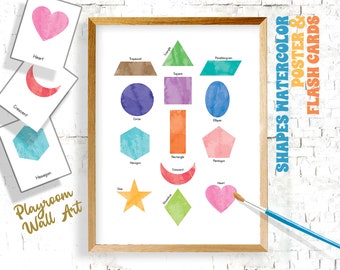 Aquarel vormen afdrukbare poster, Homeschool speelkamer print, vorm Flashcard, klas/kinderkamer decor, leren poster, vormen illustratie