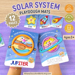 May include: Solar system playdough mats featuring 12 pages of colorful space-themed designs including Jupiter, Saturn, Earth, a star, a rocket, and a meteor. Each card displays the name of the celestial object and includes space for modeling clay.