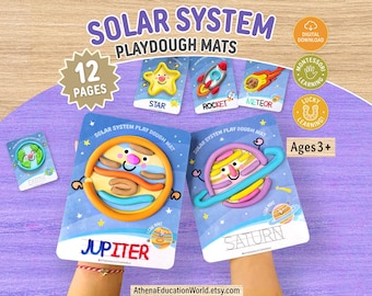 Zonnestelsel spelen deegmatten, ruimteonderwijs voorschoolse leerplan afdrukbaar, Montessori peuter spel fijne motoriek, handschriftoefening