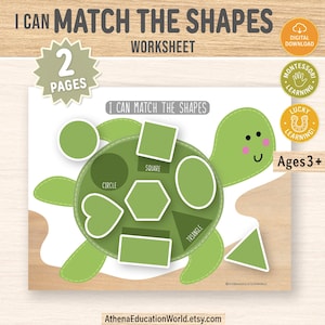 May include: A two-page educational worksheet titled I CAN MATCH THE SHAPES featuring a green turtle illustration. The turtle shell contains outlines for a circle, square, hexagon, heart, oval, and triangle. Includes text labels and Ages 3+ badge.