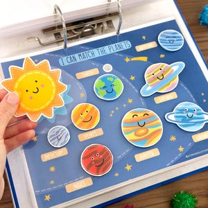 Op de afbeelding: Een educatief activiteitenblad getiteld I CAN MATCH THE PLANETS met een donkerblauwe achtergrond en gele sterren. Het bevat uitgesneden illustraties van de zon en planeten, elk met een lachend gezicht, om te matchen met de gelabelde plekken.