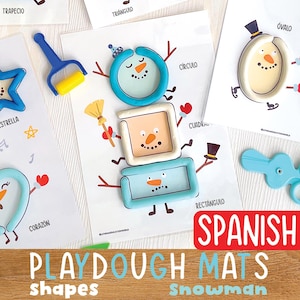 May include: A set of printable playdough mats featuring a snowman made of different shapes. The mats are labelled with the Spanish words for each shape, including circle, square, rectangle, and oval. The mats are designed for children to use playdough to create a snowman.