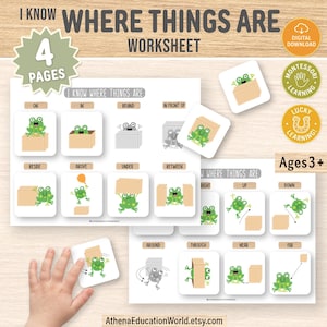 Può includere: Foglio di lavoro educativo intitolato "I Know Where Things Are" con illustrazioni di rane. Il foglio di lavoro include il testo "4 pagine" e "Ages 3+". L'immagine include anche il testo "Digital Download", "Montessori Learning" e "Lucky Learning".