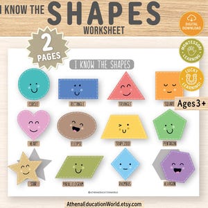 May include: A worksheet titled "I Know the Shapes" featuring various colorful shapes with smiling faces, including a circle, rectangle, triangle, and square. The worksheet is designed for children aged 3 and up.