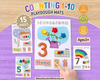 Könnte beinhalten: Ein Set aus Knetmatten zum Zählen von 1 bis 10 mit 15 Seiten für pädagogische Aktivitäten. Jede Matte zeigt Zahlen, Wörter und Illustrationen wie einen Kuchen, Blumen und einen Regenbogen sowie Zehnerfelder und Handzeichen zum Zählen.