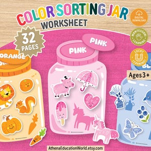 May include: A colour sorting jar worksheet with 32 pages featuring three large jars in orange, pink, and blue. Each jar contains matching coloured illustrations like a lion, pig, whale, umbrella, and unicorn. Text includes Colour Sorting Jar, Ages 3+.