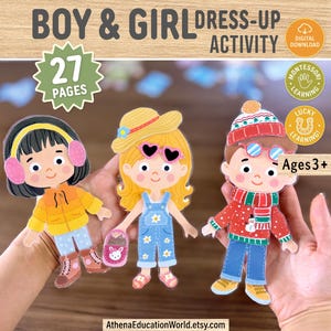 Peut inclure: Activité de déguisement à télécharger, pour les enfants de 3 ans et plus, avec trois poupées en papier illustrées. Les poupées portent diverses tenues, dont un ensemble d'hiver, une salopette et une veste jaune. Le produit comprend 27 pages.