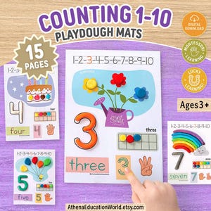 Könnte beinhalten: Ein Set aus pädagogischen Knetmatten zum Zählen von 1-10 mit Illustrationen von Geburtstagskuchen, Blumentopf, Luftballons und Regenbogen. Die Matten zeigen den Text Counting 1-10 Playdough Mats, 15 Pages und Ages 3+.