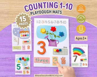 Vorschule Zählspiel Knetmatten Kleinkind Zahlen Lernen 1-10 Play Doh Mats Feinmotorik Montessori Homeschool Ressourcen Prek Prints