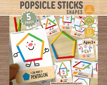 Popsicle Stick Shape Printable Cards Preschool Geometry Toddler Curriculum Worksheets PreK Fine Motor Skills Activities Homeschool Resources