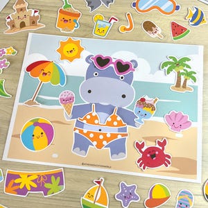 May include: A colorful summer-themed sticker set featuring a cartoon hippo in a bikini, sunglasses, and holding ice cream. Includes beach elements like a sun, umbrella, palm trees, and a crab. Additional stickers include a surfboard, sunglasses, and a watermelon slice.
