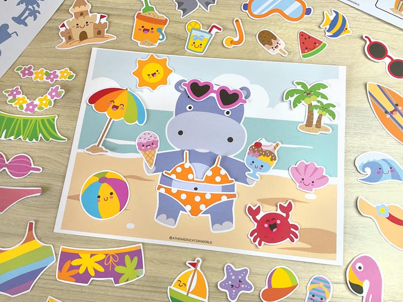 May include: A colorful summer-themed sticker set featuring a cartoon hippo in a bikini, sunglasses, and holding ice cream. Includes beach elements like a sun, umbrella, palm trees, and a crab. Additional stickers include a surfboard, sunglasses, and a watermelon slice.