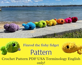 May include: A crochet pattern for a colorful fish-shaped fidget toy called "Finrod the fishy fidget". The pattern is available as a PDF download and uses US terminology in English.