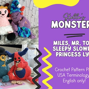 Cute Stella&#39;s Monster Bundle 4 Monsters PDF Crochet Pattern // Monster Plushies, Gift for kids, Gift for adults, amigurumi, monster friends,