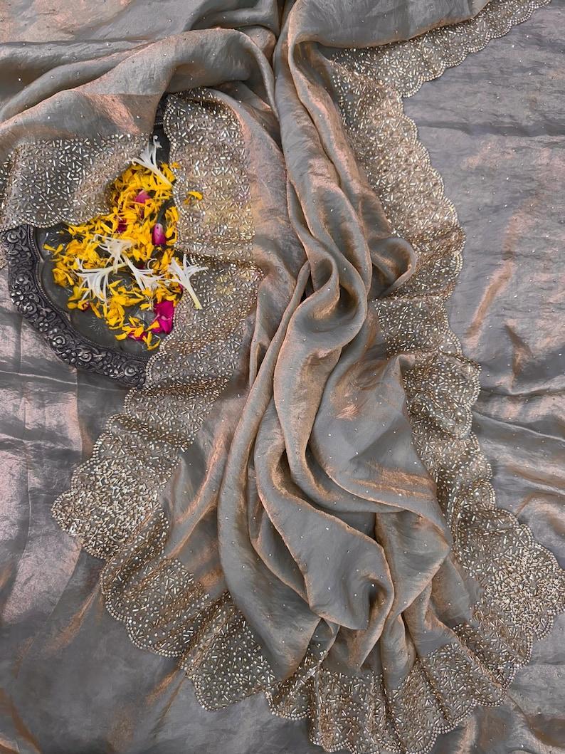 Digital Product Premium Jarkhan Diamond work grey color space silk Partywear Saree for USA, Wedding wear Designer Saree for women