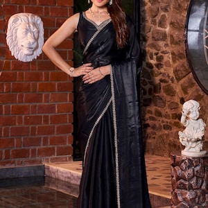 Black Silk Diamond Work Saree, Blouse | Elegant Indian Ethnic Wear for Women | Perfect for Weddings, Parties, Festivals & Special Occasions