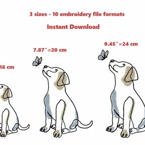 Könnte beinhalten: Drei Größen von Stickmustern eines Hundes, der zu einem Schmetterling aufblickt. Die Designs sind 16 cm (6,30 Zoll), 20 cm (7,87 Zoll) und 24 cm (9,45 Zoll) groß. Der Text "3 Größen - 10 Stickdateiformate Sofort-Download" ist ebenfalls im Bild enthalten.