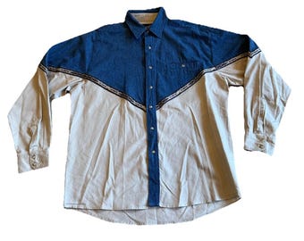 Wrangler Aztec 80s VTG Pearl Snap Denim Cotton Western Long Sleeve Shirt L