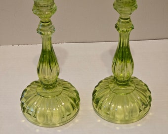 Vintage Van Verre Pair of Lime Green Colored Glass Candlesticks.  Made in Portugal.