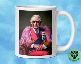 King Charles III&#39;s , glamour style, Coronation Art Print, British Royal Family  ,White glossy mug