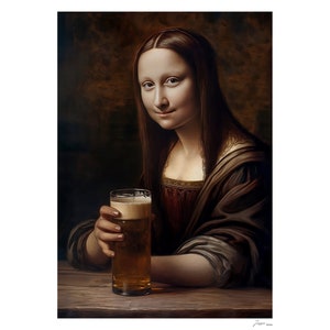 Mona Lisa ontspannend - Poster - Gioconda - Retro Drink Poster - Bar Cart Decor Print - Keukenkunst - Wijnliefhebbers Cadeau - eetkamer kunst