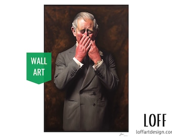 May include: A portrait of a man in a pinstripe suit, covering his face with red hands. The artwork has a brown background and the words "WALL ART" are in a green banner. The artist's name is visible in the bottom right corner.