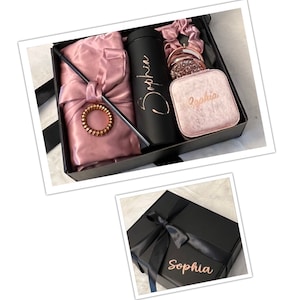 Will You Be My * Black & Dirty Powder Personalized Bridesmaid Proposal Gift Box FULL SET with Robe, Maid of Honor Tumbler and compact mirror