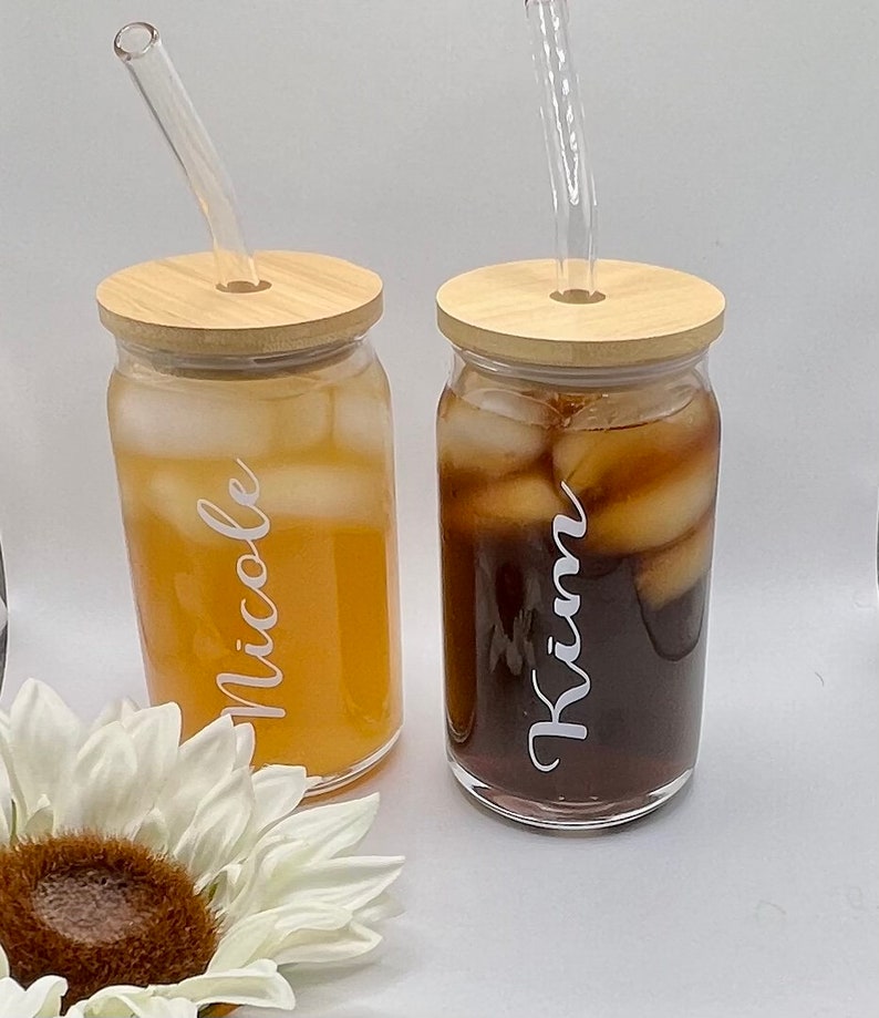 Personalized Iced Coffee Cup Glass Can Soda Cup With Bamboo Etsy