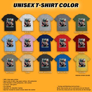 May include: A display of unisex t-shirts in various colors, each featuring a graphic of a basketball player and the name "Zion Williamson." Colors include black, white, sport grey, charcoal, and military green.