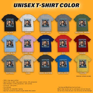 Puede incluir: Una selecci&oacute;n de camisetas unisex en varios colores, incluyendo negro, blanco y azul marino. Cada camiseta presenta un gr&aacute;fico de la cara de un hombre con el texto "STEVE ROGERS". Los colores disponibles se muestran con sus nombres debajo de cada camiseta.