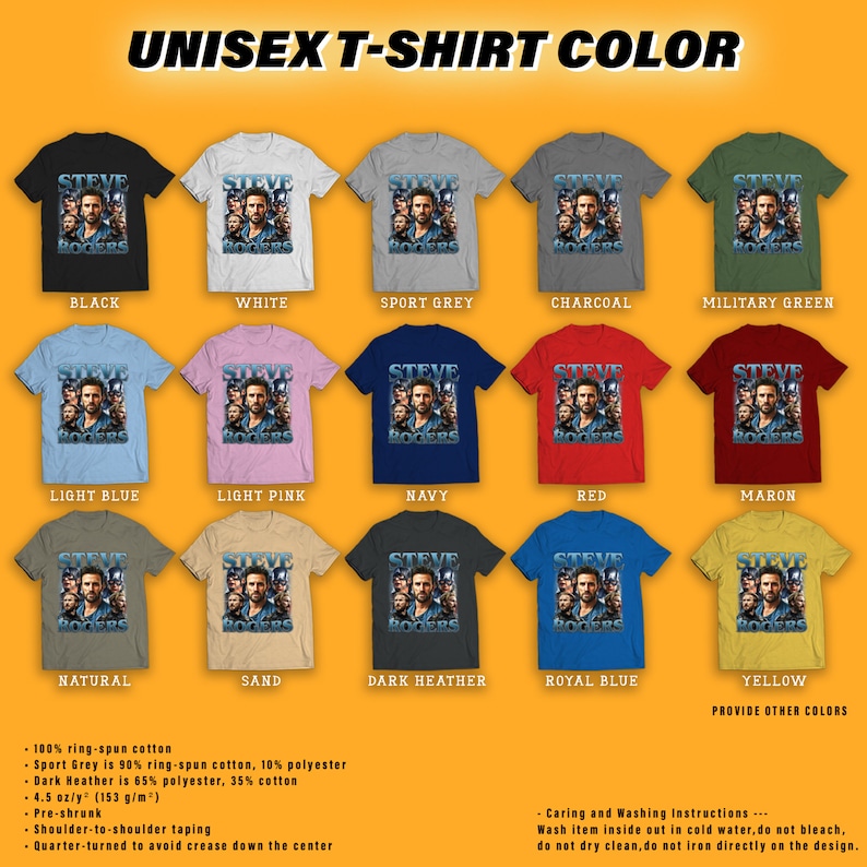 Puede incluir: Una selecci&oacute;n de camisetas unisex en varios colores, incluyendo negro, blanco y azul marino. Cada camiseta presenta un gr&aacute;fico de la cara de un hombre con el texto "STEVE ROGERS". Los colores disponibles se muestran con sus nombres debajo de cada camiseta.