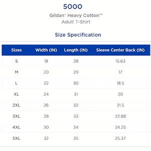 Puede incluir: Tabla de especificaciones del producto para una camiseta Gildan Heavy Cotton para adultos, modelo 5000. La tabla enumera las tallas de la S a la 5XL, con medidas en pulgadas para el ancho, el largo y el centro de la manga. Fondo blanco.