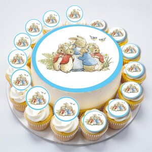 May include: A white cake decorated with a blue border and a picture of Peter Rabbit and his family. The cake is surrounded by cupcakes with the same design.