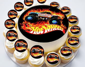 Black Hot Wheels Monster Truck Flames Mattel Diecast Toy Cars Printed Customisable Edible Toppers Cake Cupcake Decorations Icing Wafer Paper