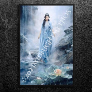 Guan Yin before a waterfall and pond (II): Goddess of Mercy - Serene, Pure, Illustration - Ancient Chinese Buddhism Wall Art Print, Unframed