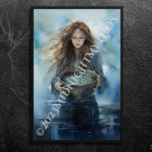 Danu: Goddess of Water, Rebirth, Fertility - Offering the Water of Life (I) - Calming Blue Irish Mythology Wall Art Print, Unframed