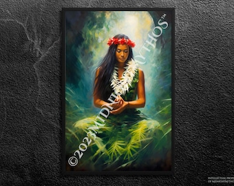 Laka in her Forest Sanctuary: Goddess of Hula, Fertility, Love - Essence of Hawaiian Forests - Hawaiian Mythology Wall Art Print, Unframed