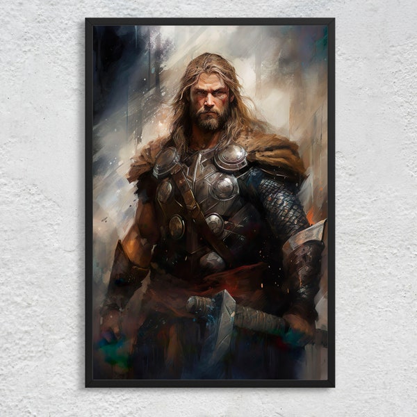Battle-Hardened Thor: Elemental Strength and Courage, Resilient Defender and God of Protection - Norse Mythology Art Print, Unframed