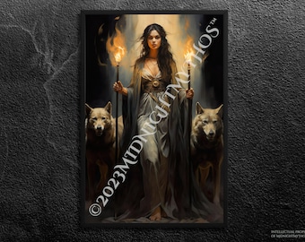 Guardian of the Night: Hecate with Torches and Watchful Wolves - Guide and Protector in Shadows - Greek Mythology Wall Art Print, Unframed