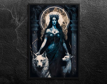 Gothic Hecate Portrait with Third Eye, Dogs, Moon - Goddess of the Underworld - Empowering Print - Greek Mythology - Wall Art, Unframed