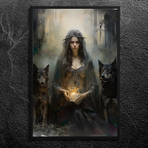 Hecate: Night's Guardian and Crossroads Deity (II) - A Guide In Darkness, Torch and Dogs, Greek Goddess, Mythology Art Print - Unframed