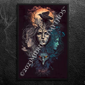 Hekate Dreifache Göttin Portrait: Drei Gesichter, Erde Himmel Unterwelt, Krähe Mond Baum - Griechische Mythologie - Wand Kunst Druck, Ungerahmt