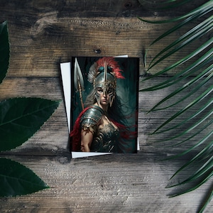 Battle-Ready Athena 5x7 Segnalibro: Dea greca e Guerriero - Acrilico e pittura a olio - Cartolina mitologia greca
