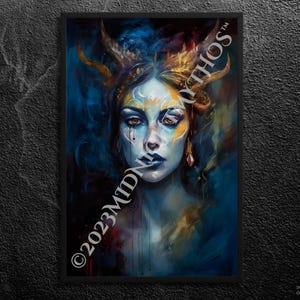 Lilith Portrait: Lustful First Woman - Independent, Rebellious, Horns - Cold Blue and Gold Mythology Wall Art Print, Unframed