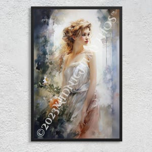 Göttin Aphrodite In ihrem Garten: Anmut und Eleganz, Blumen, Nachsinnen - Sanftes Ölgemälde, Griechische Mythologie, Wandkunst Druck, Ungerahmt